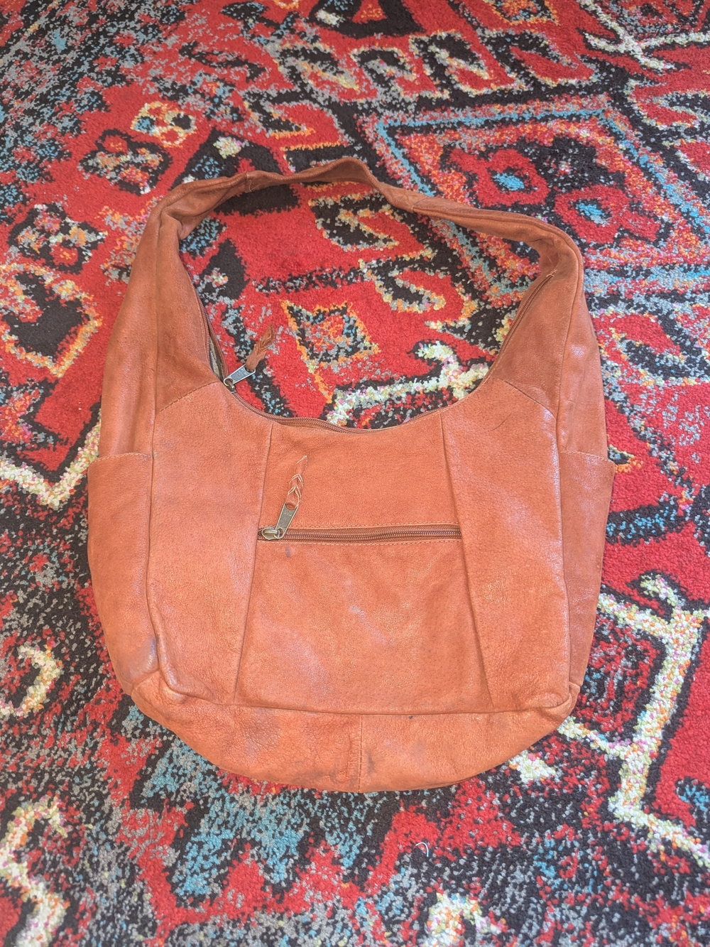 Leather Hobo Shoulder Bag - Rust Orange